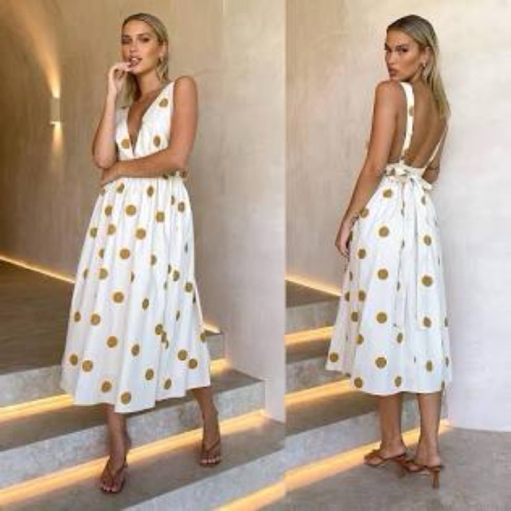 Petal & Pup White and Gold Polka Dot Backless Dress